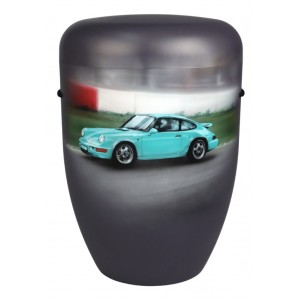Hand Painted Biodegradable Cremation Ashes Funeral Urn / Casket - Porsche Racing Car / Racetrack